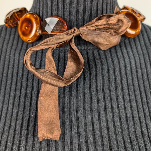 Bold Amber-Tone Statement Necklace Resin Ceramic Beads Ribbon Tie Boho 70s glam - Picture 5 of 5